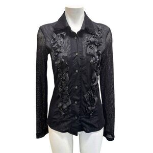 Save The Queen Blouse Black Laced Eyelet Braided Ribbon Beads Long Sleeve Large